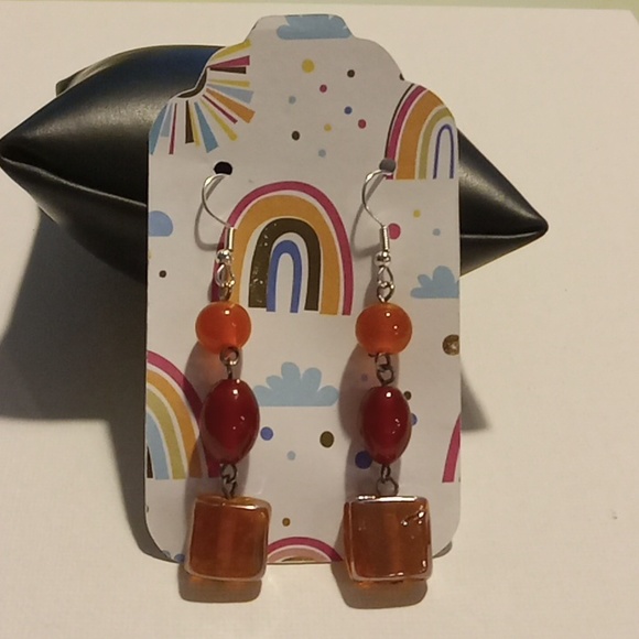 Red  & Amber Color Glass Bead Pierced Earrings Vintage - Picture 3 of 3